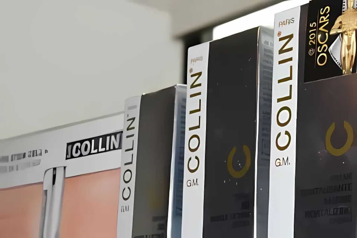 G.M. Collin skincare products on display at an event, with an Oscars mention on packaging.